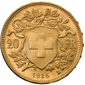 Златна монета 20 Швейцарски франка Вренели