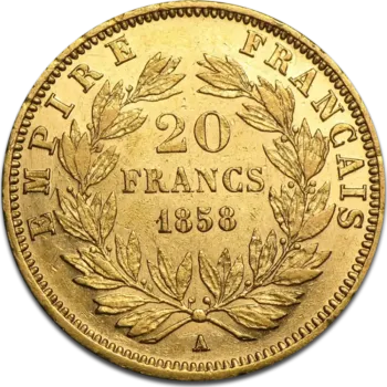 Златна монета 20 Френски франка Наполеон III 
