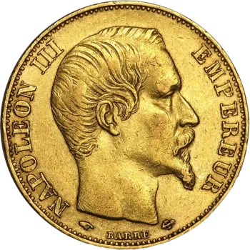 Златна монета 20 Френски франка Наполеон III 